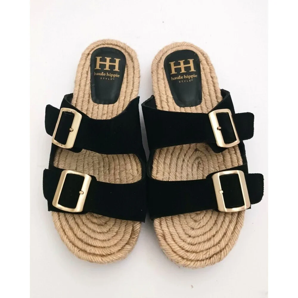 NEW Haute Hippie Blk Suede Straps Gold Buckle Flat Espadrille Slides 8.5M